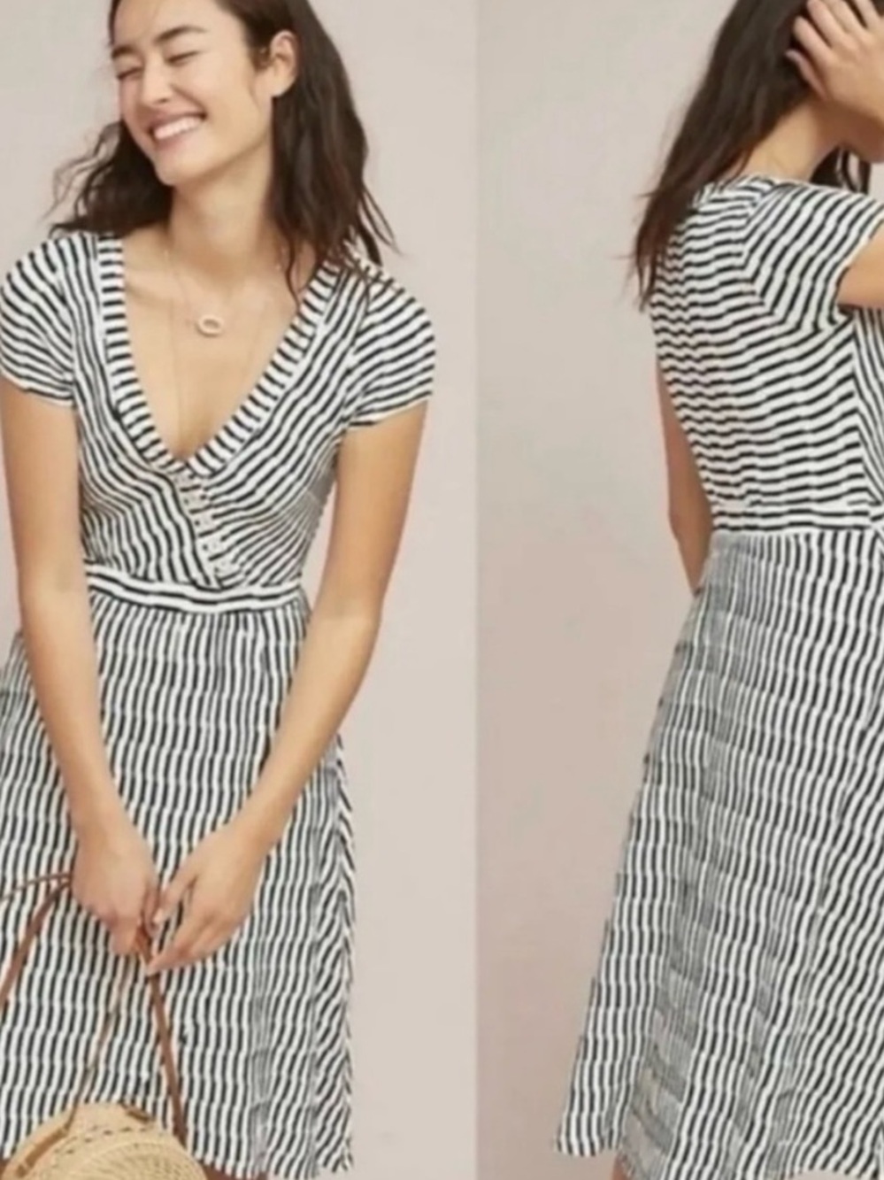 Maeve Paladino Textured Striped V Neck Midi Dress